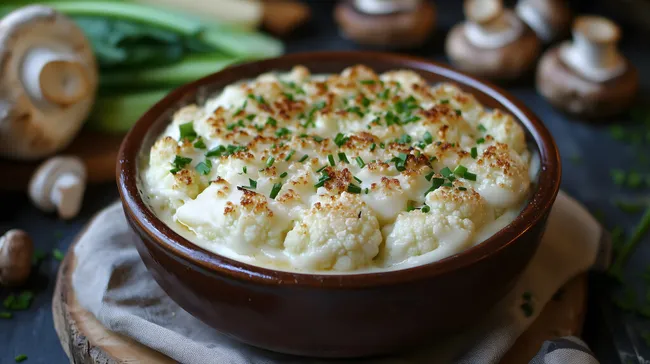 Überbackener Blumenkohl in Keramikschüssel