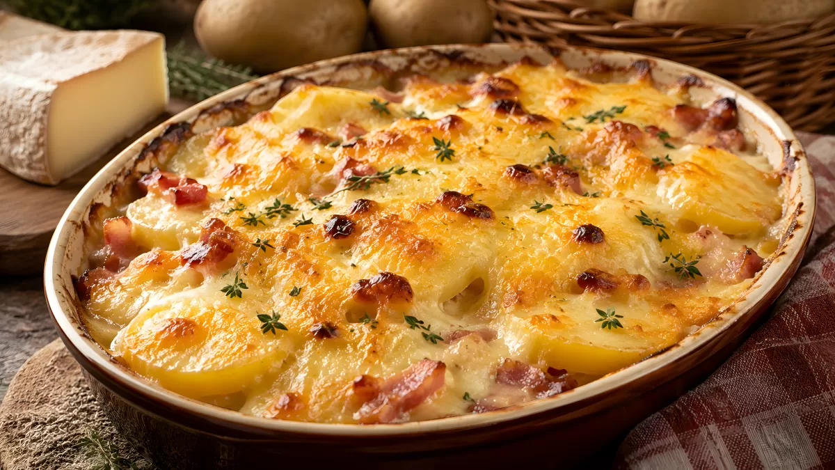 Überbackener Kartoffelgratin mit Speck und Käse