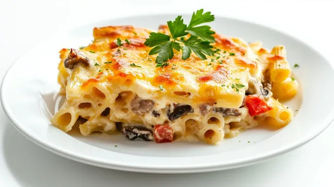 Überbackener Nudelauflauf mit mediterranen Gemüse-Zutaten