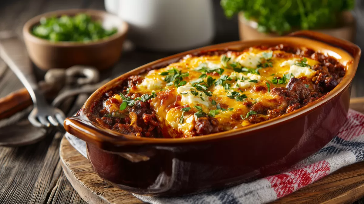 Überbackenes Chili con Carne in der Auflaufform