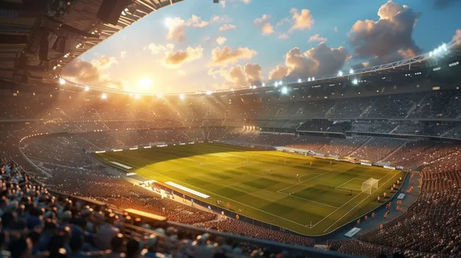 Überbuchendes Fußballstadion bei Sonnenuntergang