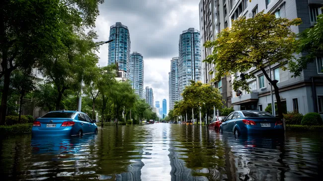 Überflutete Stadtstraße in Wolkenkratzerlandschaft