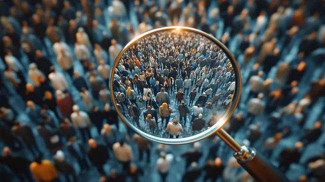 Überfüllte Menschenmenge durch Lupe vergrößert