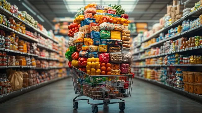 Überfüllter Einkaufswagen mit frischem Obst und Gemüse im Supermarkt