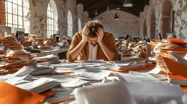 Überfüllter Schreibtisch mit gestresster Person