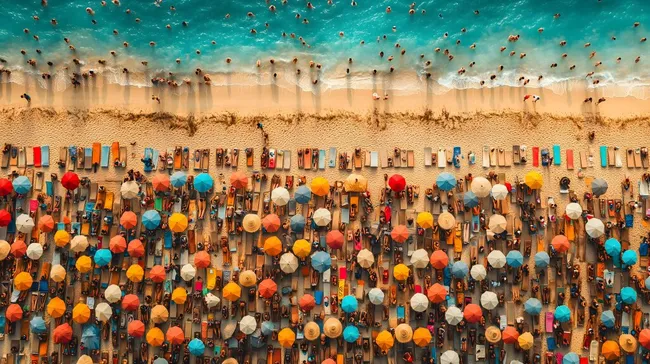 Überfüllter Strand mit bunten Sonnenschirmen an der Türkisblauen Küste