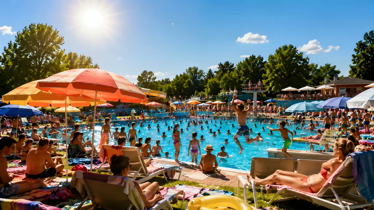 Überfülltes Freibad im Sommer mit Badegästen