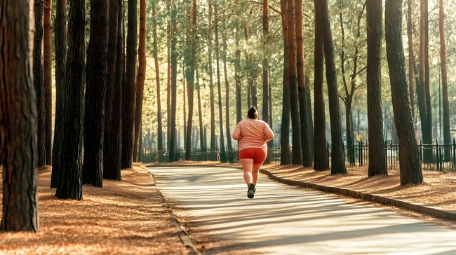 Übergewichtige Frau joggt durch sonnigen Waldpark