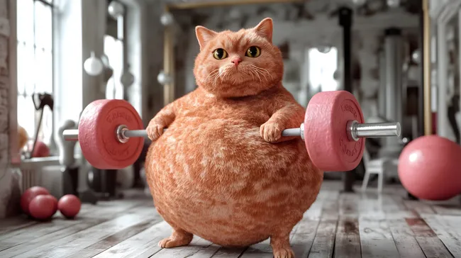 Übergewichtige Katze beim Krafttraining im Fitnessraum