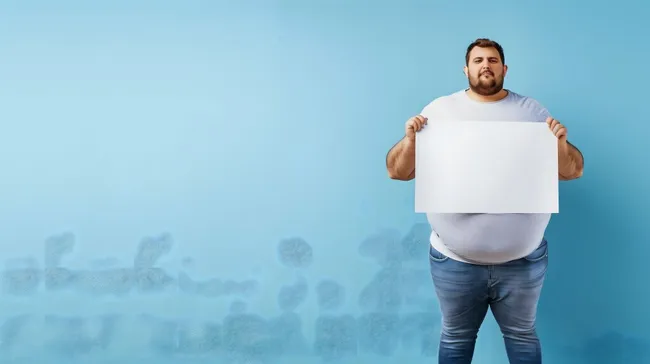 Übergewichtiger Mann mit leerem Schild