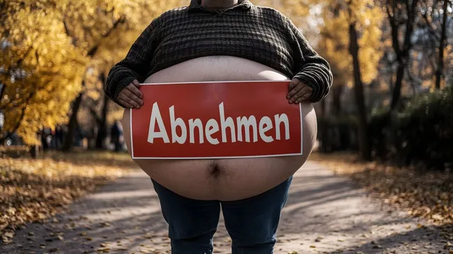 Übergewichtiger Mann mit Schild zum Abnehmen im Herbstwald