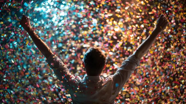 Überglücklicher Gewinner feiert unter buntem Konfettifall