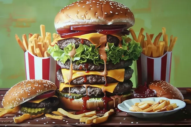 Übergroßer Burger mit Pommes - Schnelles Fast-Food-Foto