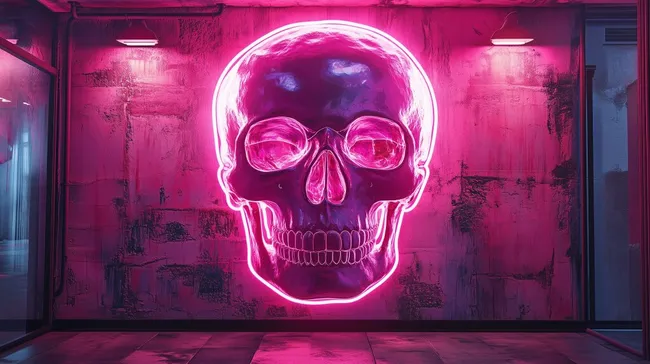 Übergroßer Totenkopf-Neonlicht an Betonwand