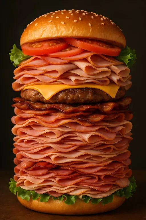 Überladen belegter Burger mit Speck und Käse
