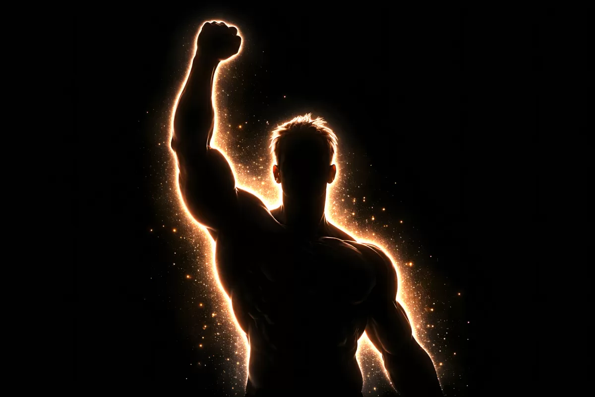 Übernatürliche Kraft: Muskulöse Silhouette vor Feuerschein