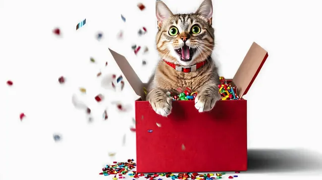 Überraschende Katze springt aus Geschenkbox mit Konfetti
