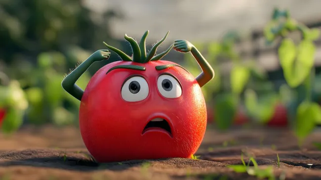 Überraschte Cartoon-Tomate mit weiten Augen und erhobenen Händen