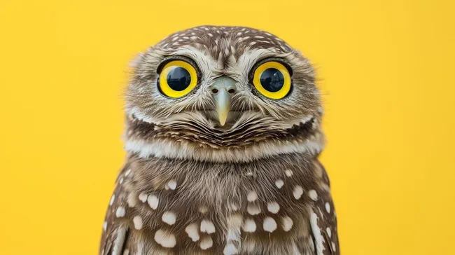 Überraschte Eule mit leuchtenden Augen vor gelbem Hintergrund