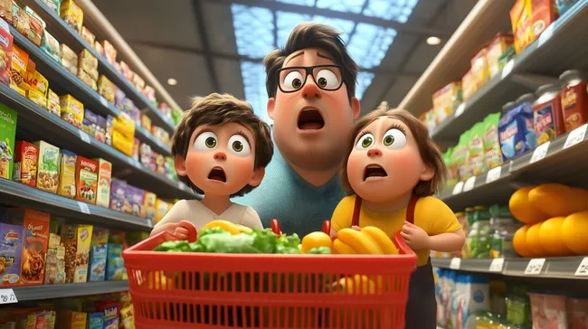 Überraschte Familie beim Einkaufen im Supermarkt