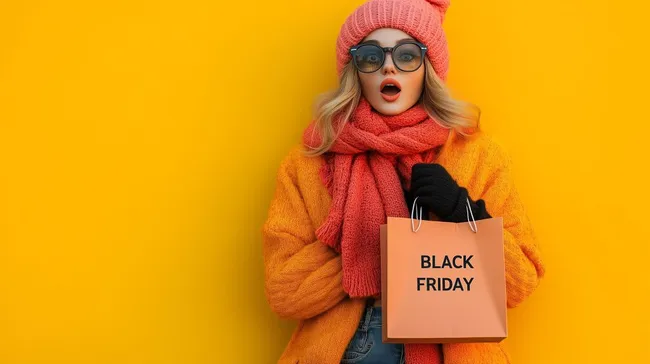 Überraschte Frau mit Einkaufstasche am Black Friday