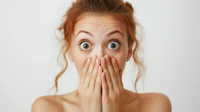 Überraschte junge Frau mit Händen vor dem Mund