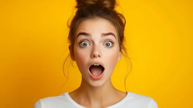 Überraschte junge Frau mit offenem Mund vor gelbem Hintergrund