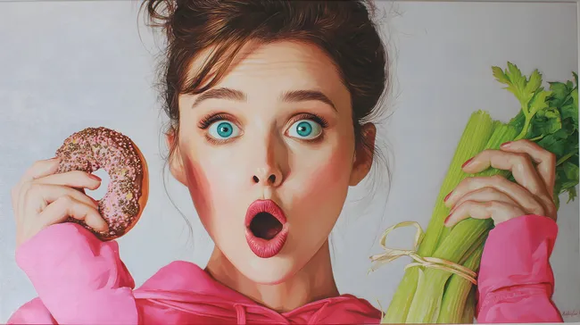 Überraschte junge Frau zwischen Donut und Sellerie