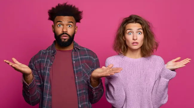 Überraschte Personen gestikulieren vor pinkfarbenem Hintergrund