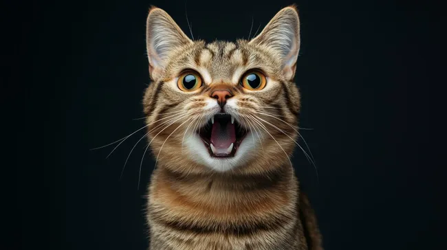 Überraschte und wütende Katze mit offenem Maul