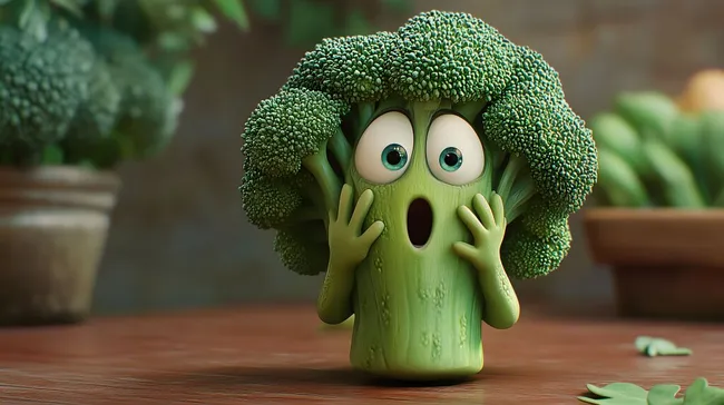 Überraschter Brokkoli mit offenen Augen und Händen an den Wangen