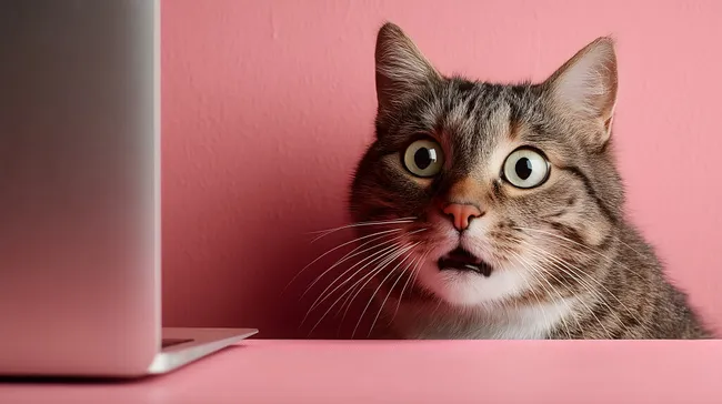 Überraschter Hauskatze-Blick vor rosa Wand