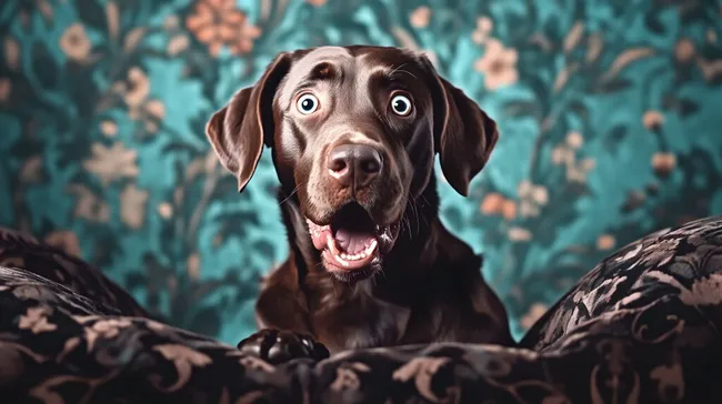 Überraschter Labrador Hund vor bunter Blumenkulisse