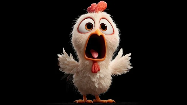 Überraschter, lustiger Comichuhn vor schwarzem Hintergrund