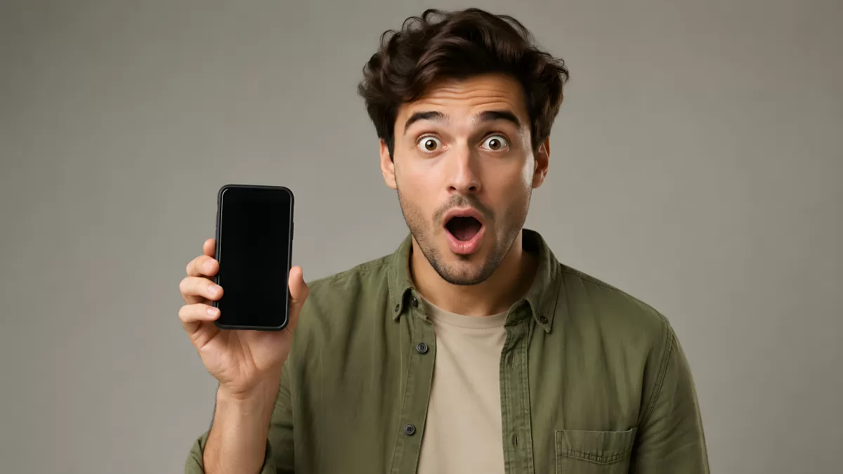 Überraschter Mann hält Smartphone mit schwarzem Display