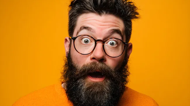 Überraschter Mann mit Bart und Brille auf orange Hintergrund