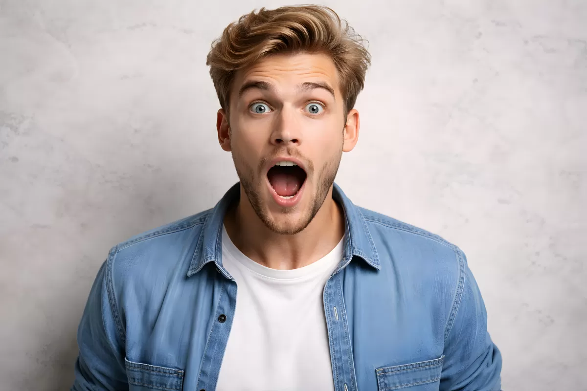 Überraschter Mann mit offenem Mund und weit aufgerissenen Augen