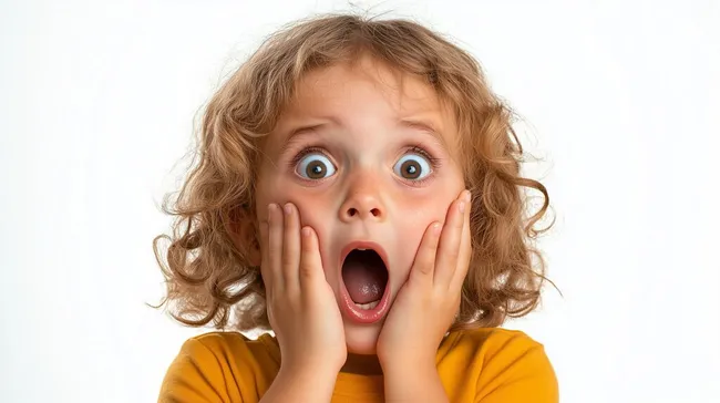 Überraschtes Kind mit weit aufgerissenen Augen und offenem Mund