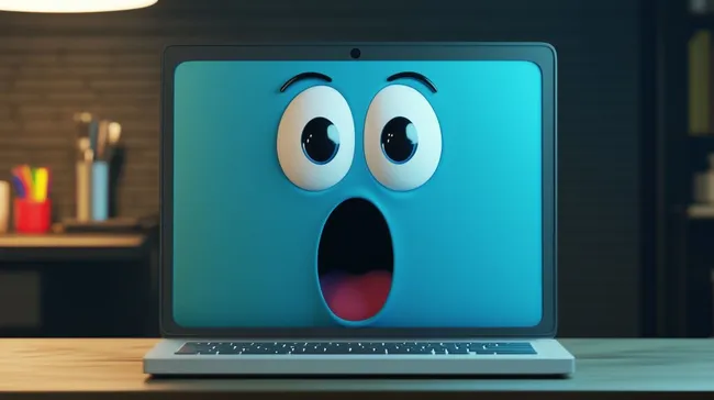 Überraschtes Laptop-Gesicht mit großen Augen und offenem Mund