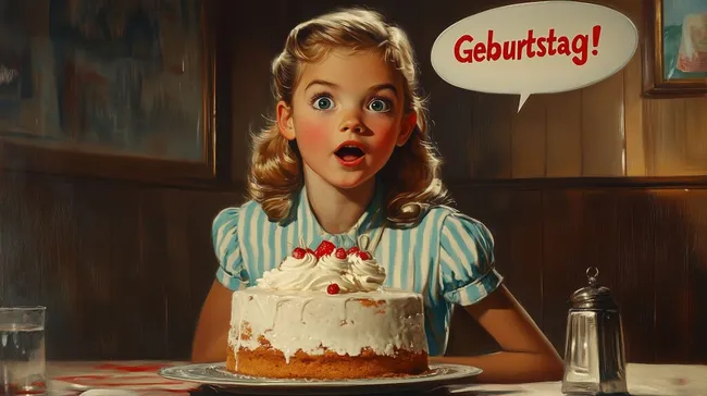 Überraschtes Mädchen mit Geburtstagstorte in 50er-Jahre-Illustration