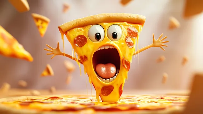 Überraschtes Pizza-Stück mit weit aufgerissenem Mund