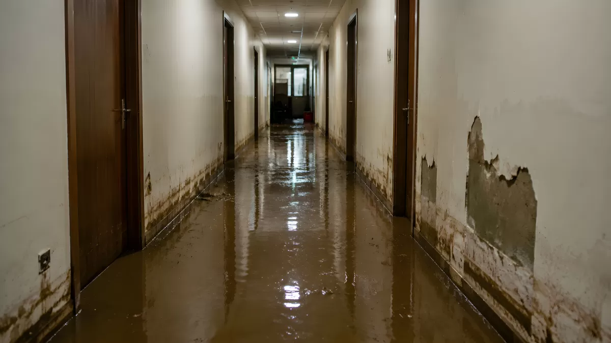 Überschwemmter Gebäudeflur nach Hochwasser mit Schlammspuren