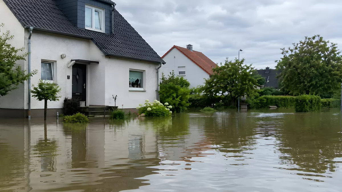Überschwemmtes Wohngebiet mit Häusern im Hochwasser