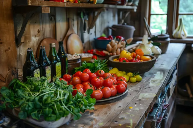 Übervoller Bauernhofküchentisch mit frischen Lebensmitteln