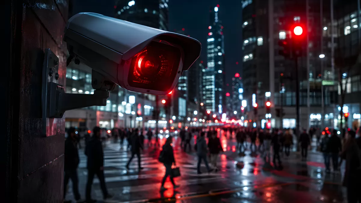 Überwachungskamera über belebter Stadtstraße bei Nacht