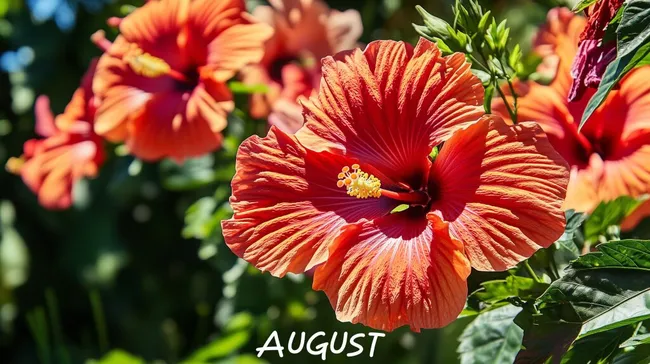 Üppig blühende rote Hibiskusblüten im August