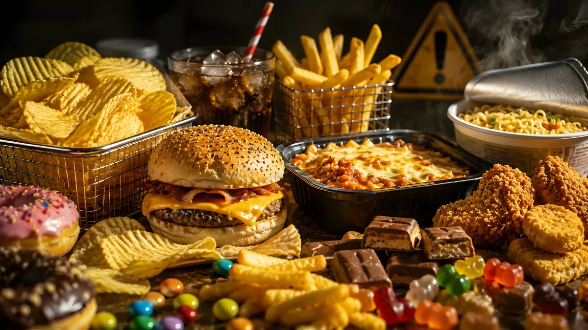Üppige Auswahl an Fast Food und Süßigkeiten auf Tisch