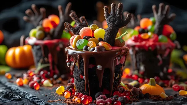 Üppige Halloween-Torte mit süßen Leckereien