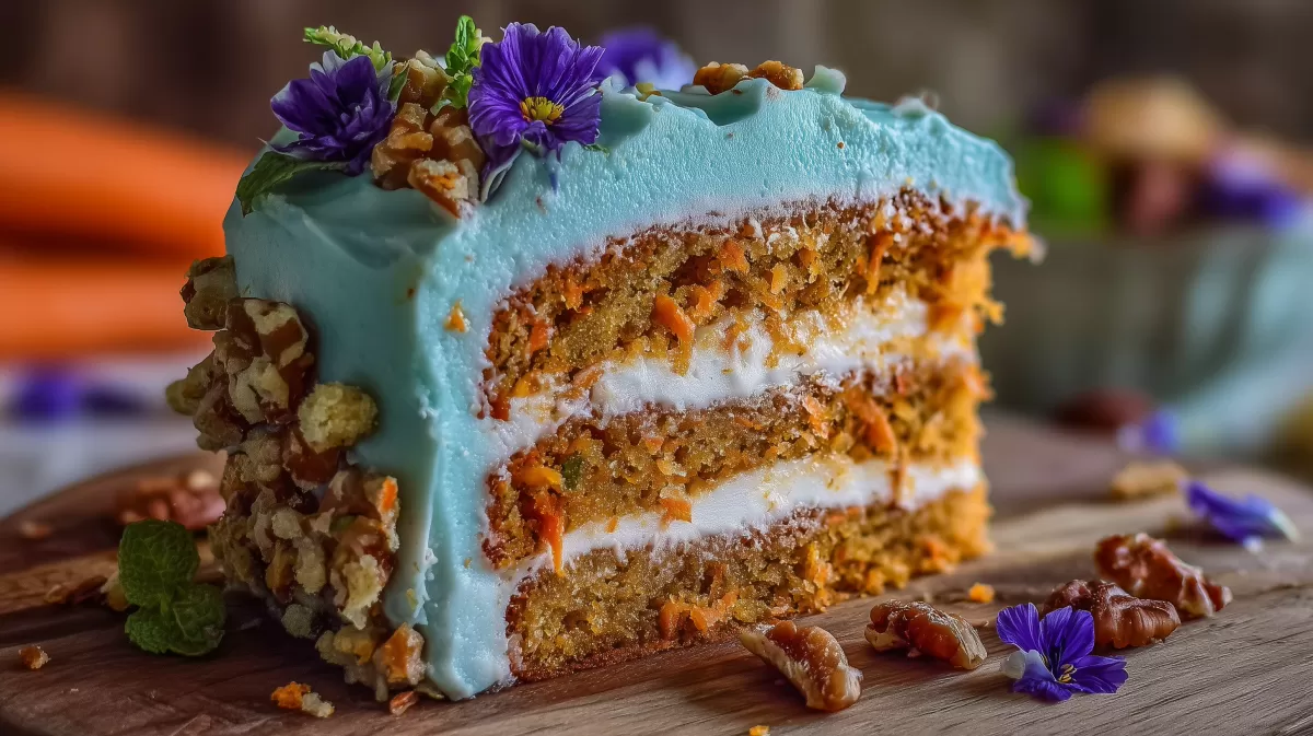 Üppige Möhren-Nuss-Torte mit Blütendekor