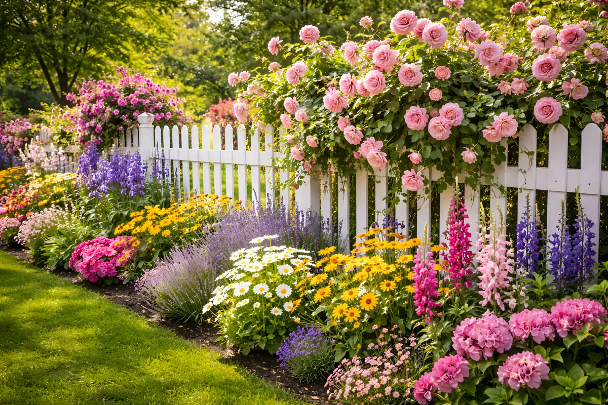 Üppiger Blütengarten hinter weißem Zaun